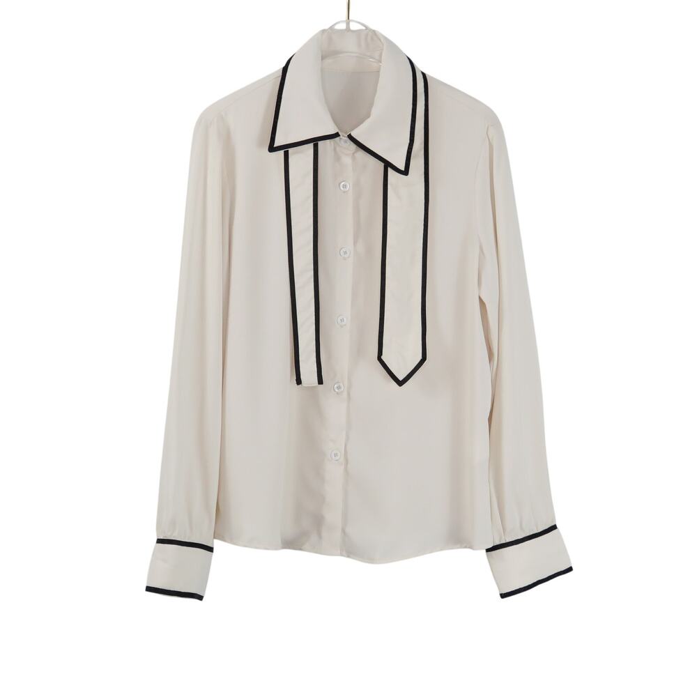 Shein White Tie Neck Button Up Blouse with Black Trim Small NWT Formal - Picture 4 of 8